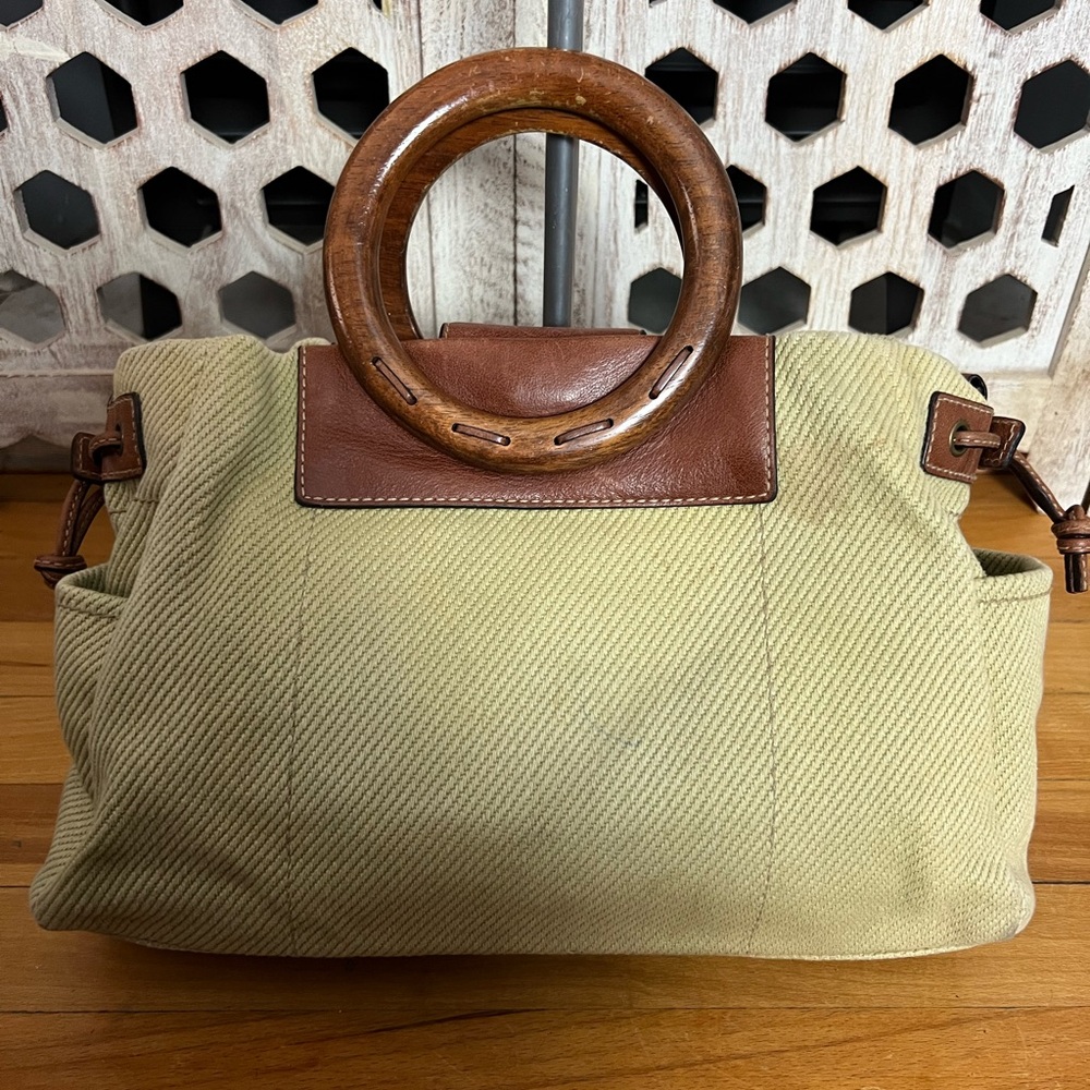 Vintage Fossil Canvas Tote with Wood Circle Handles